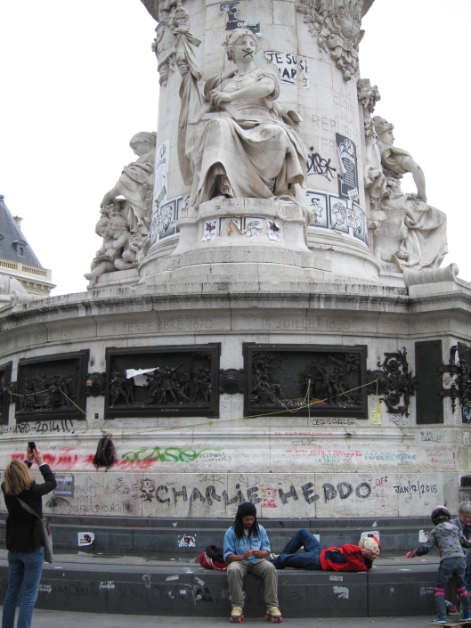 Statue of Marianne, symbol of France, in the Place de la Republique, after demonstrations against the Charlie Hebdo murders in January, 2015. (Photo May, 2015)